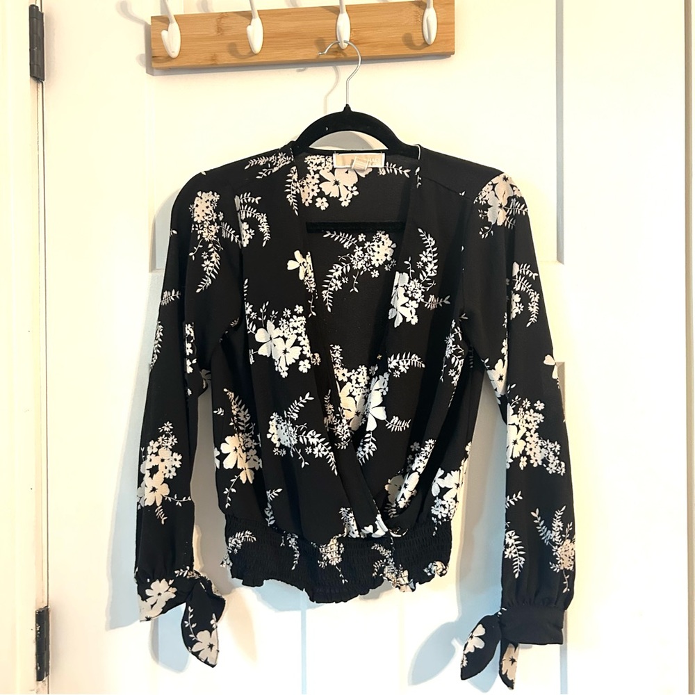 Michael Kors Black Floral Wrap Blouse